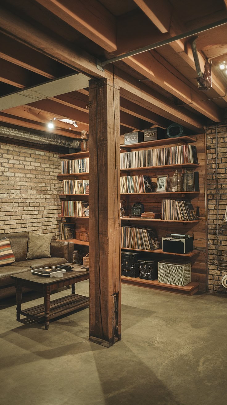 Rustic basement rec room with reclaimed wood post