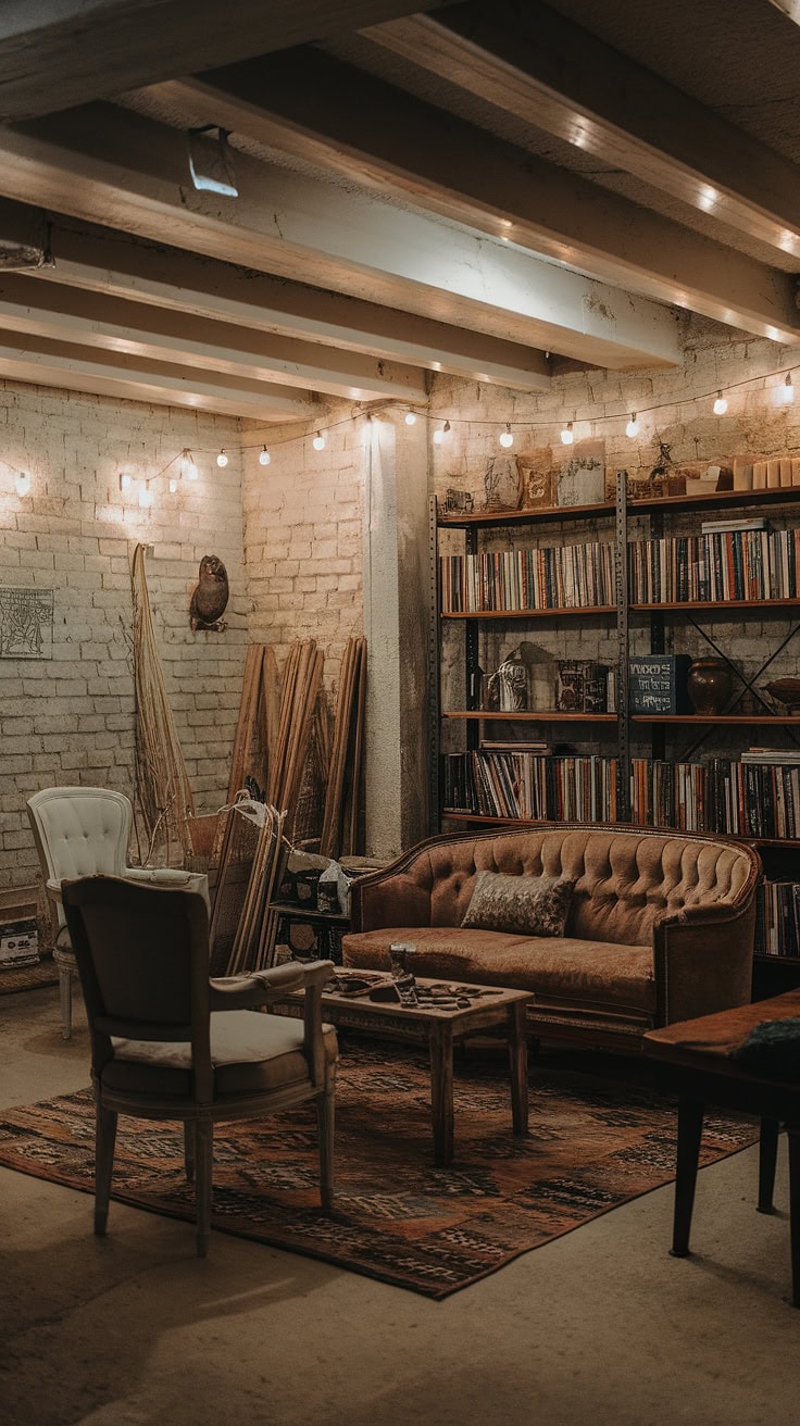 Bookshelf and string lights in rustic basement