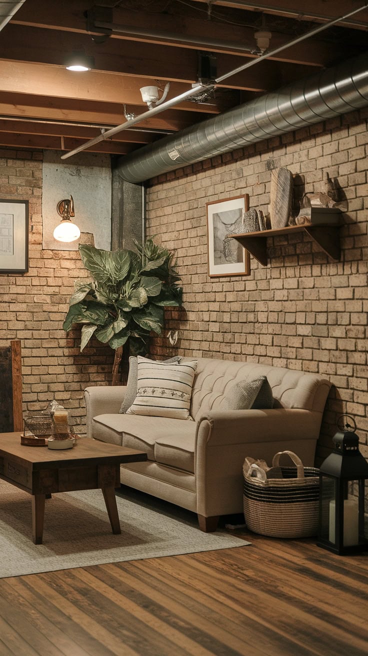 Cozy rustic basement with vintage accents