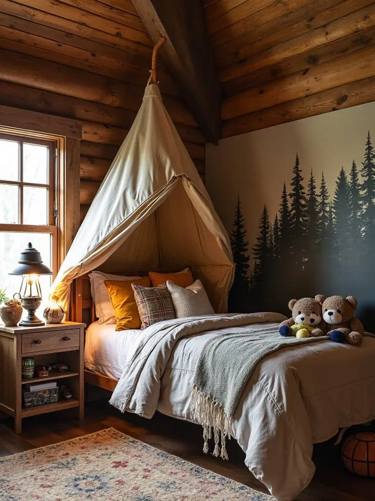 nature-themed bedroom with camping decor