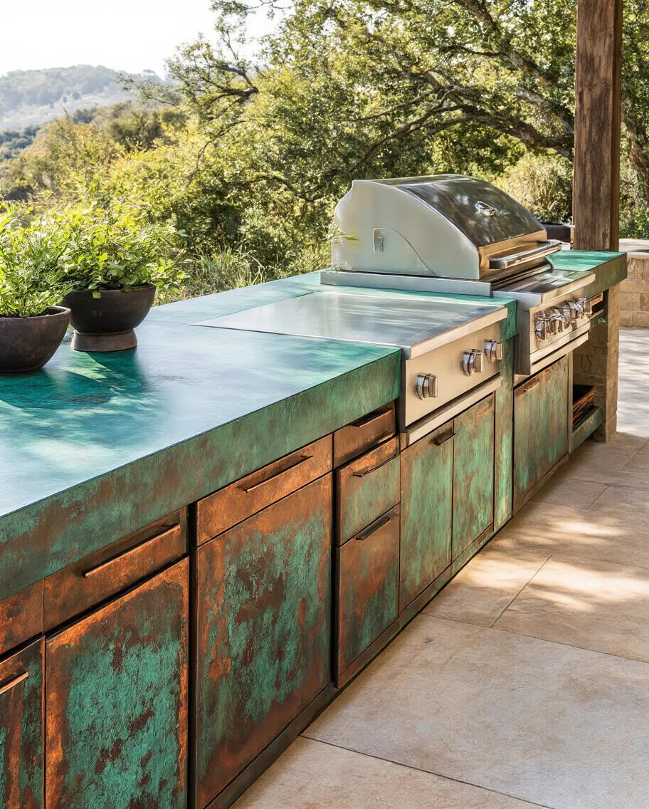 aging copper countertops outdoor kitchen