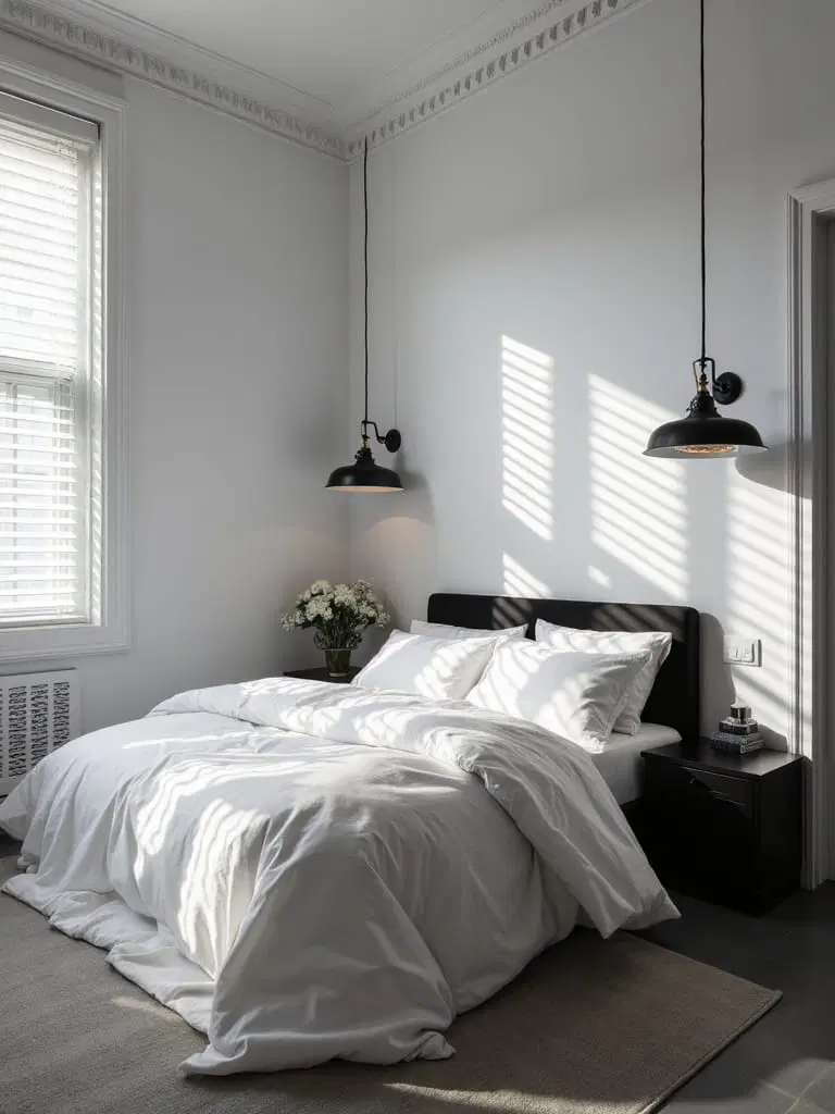 layered lighting in black and white bedroom