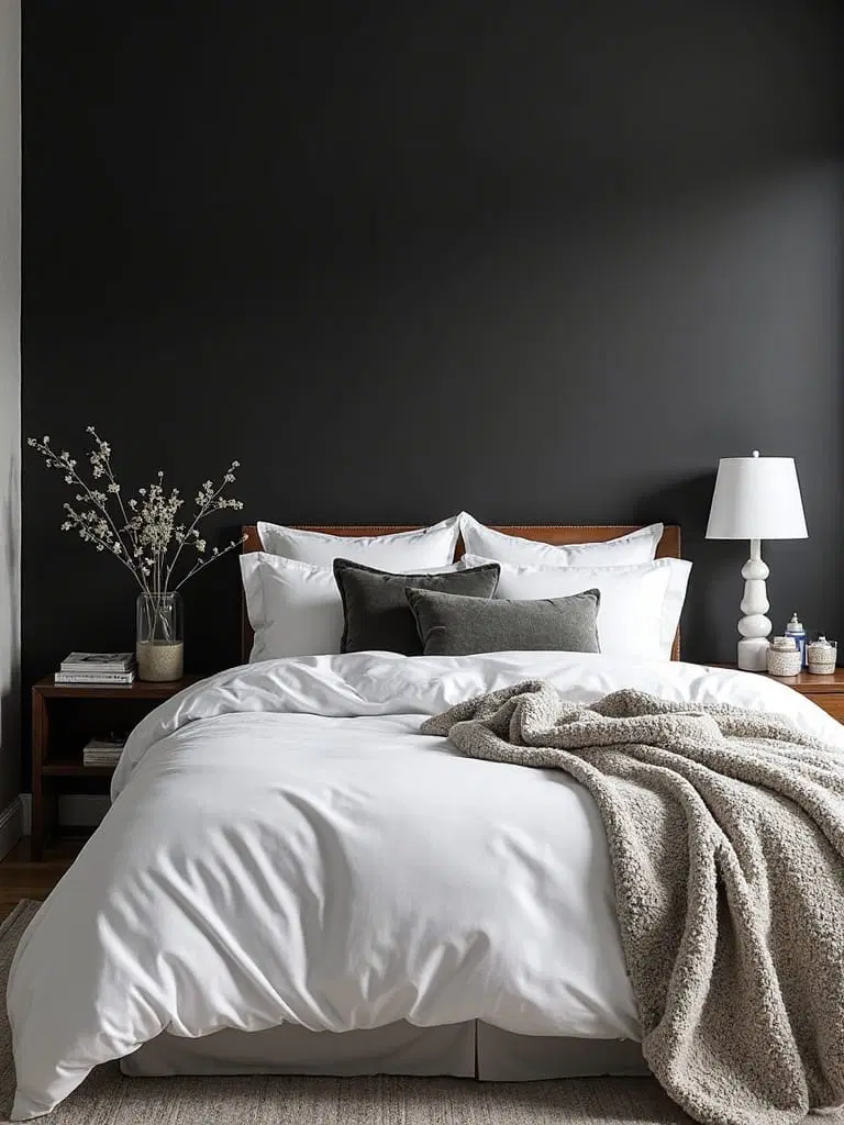 monochrome bedroom with textured fabrics