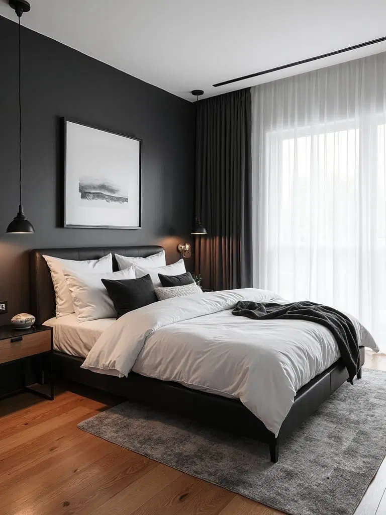 warm wood flooring in monochrome bedroom