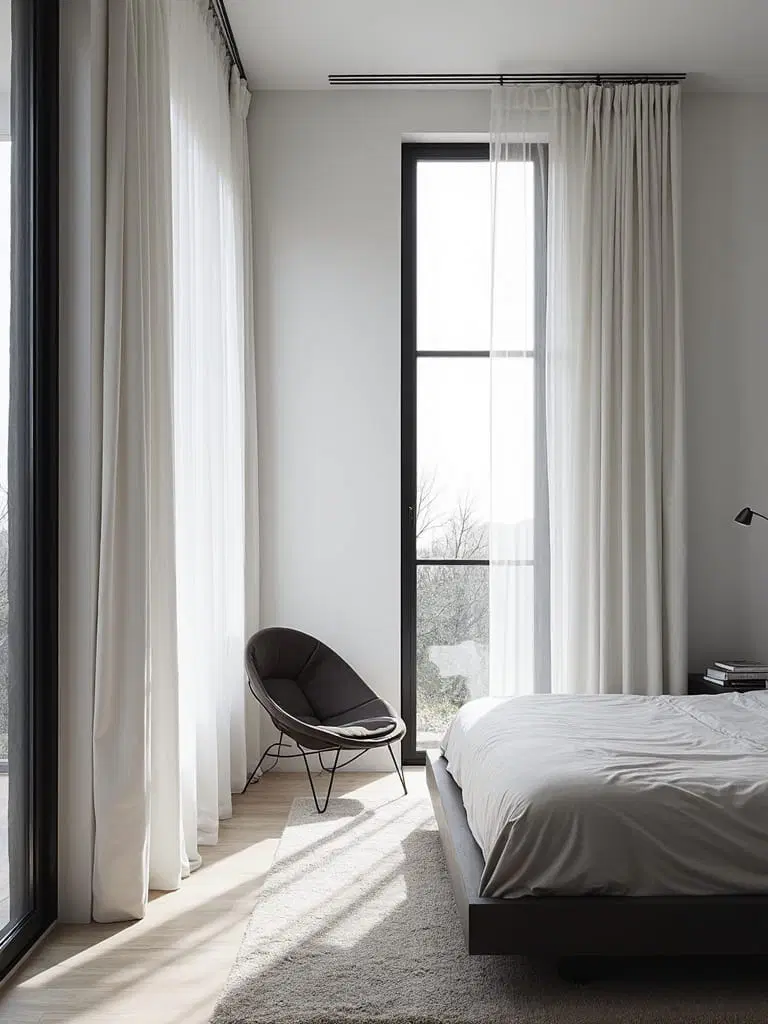 black window framing in white room