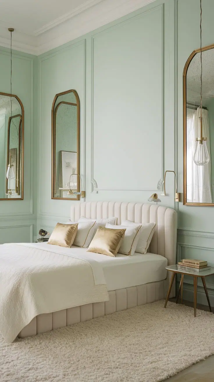 mint green bedroom with gold accents