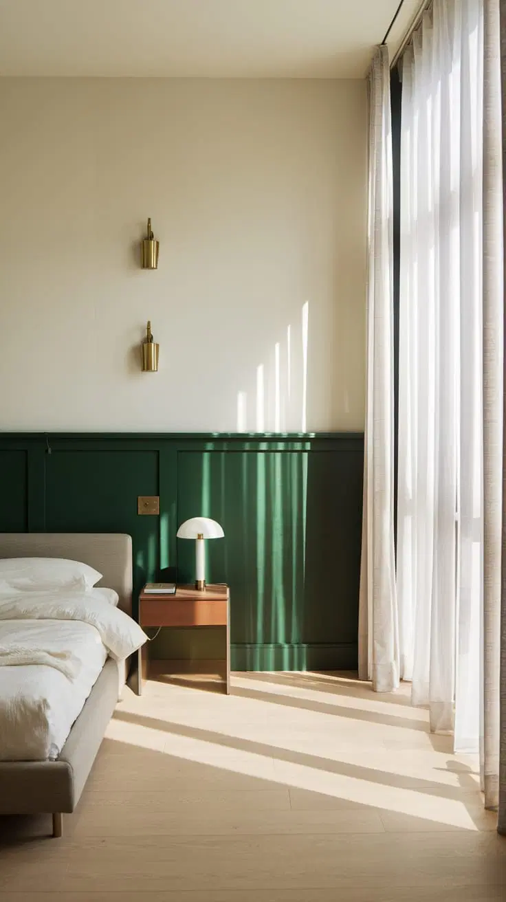 geometric emerald and white bedroom wall