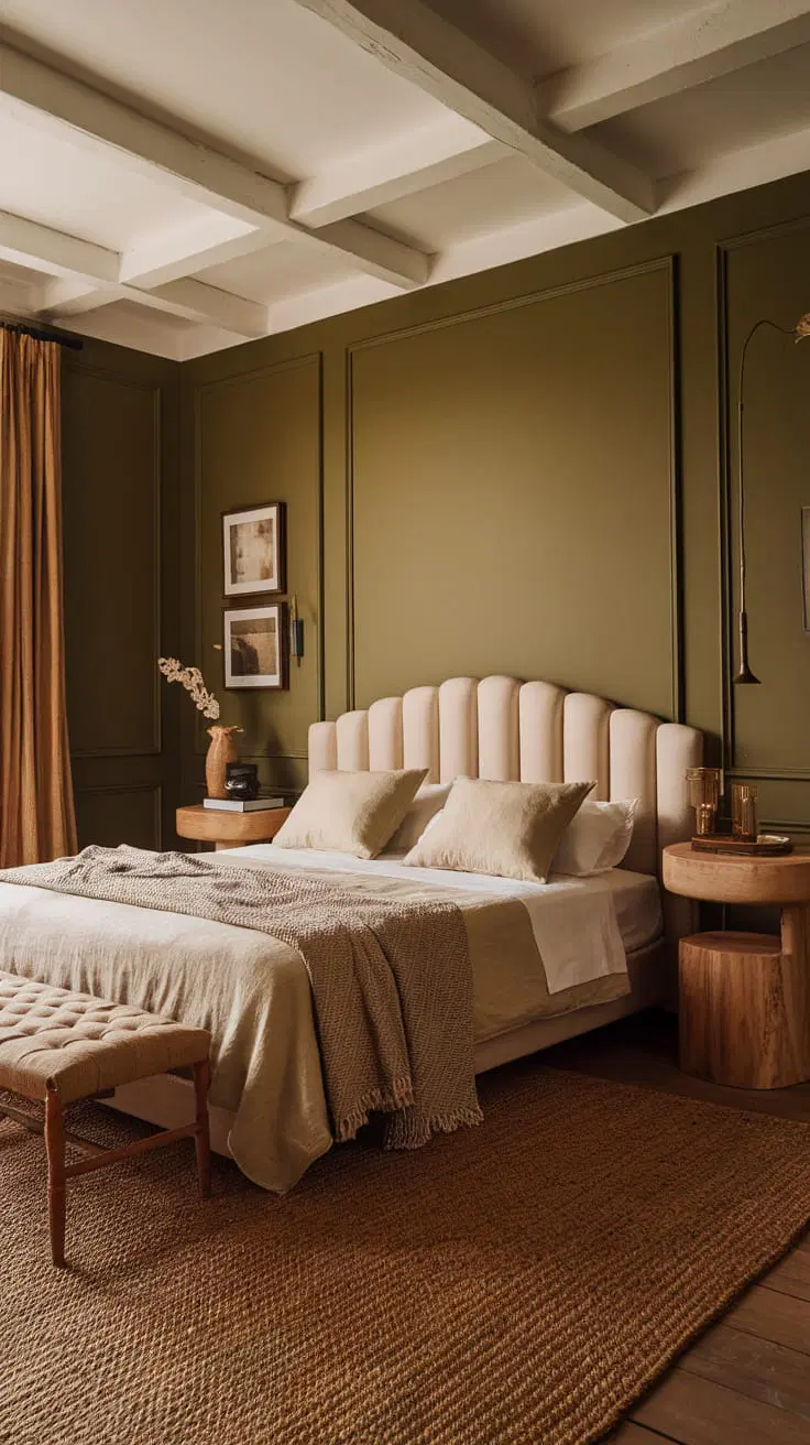 olive green wall with neutral accents