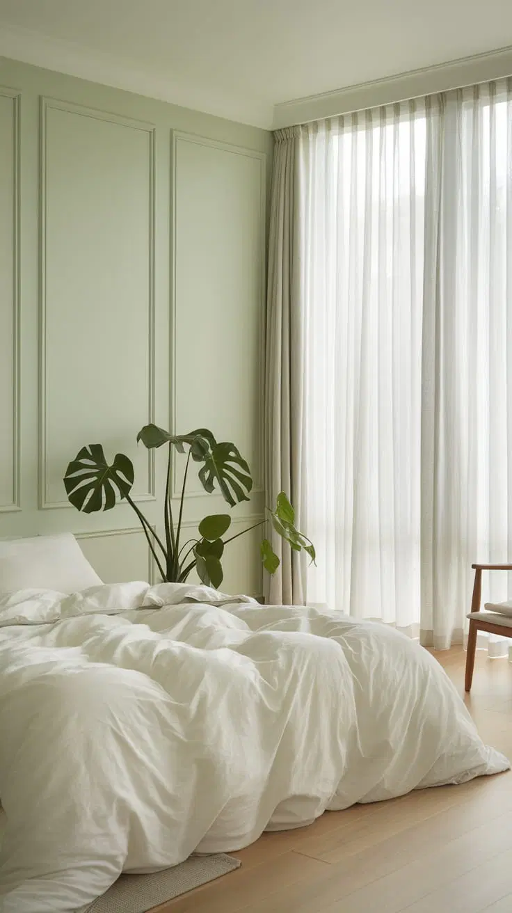pale pistachio green minimalist bedroom