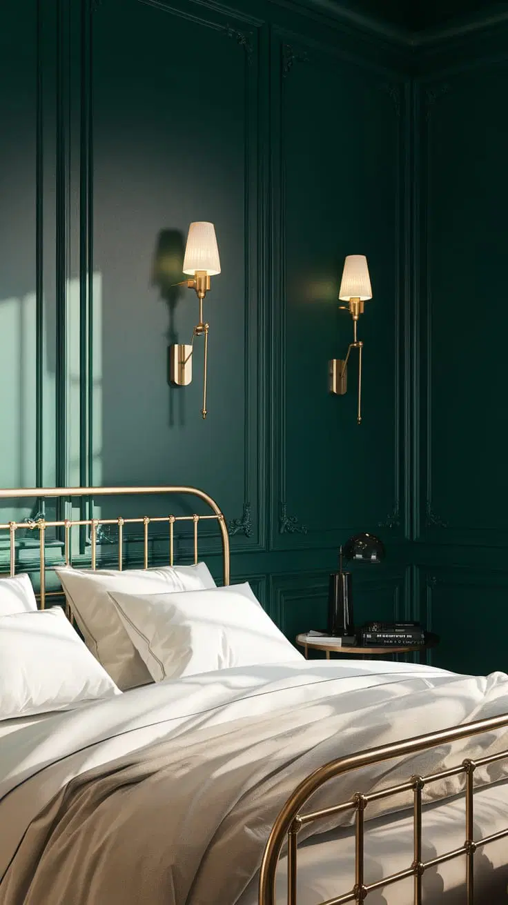jade green bedroom with brass decor