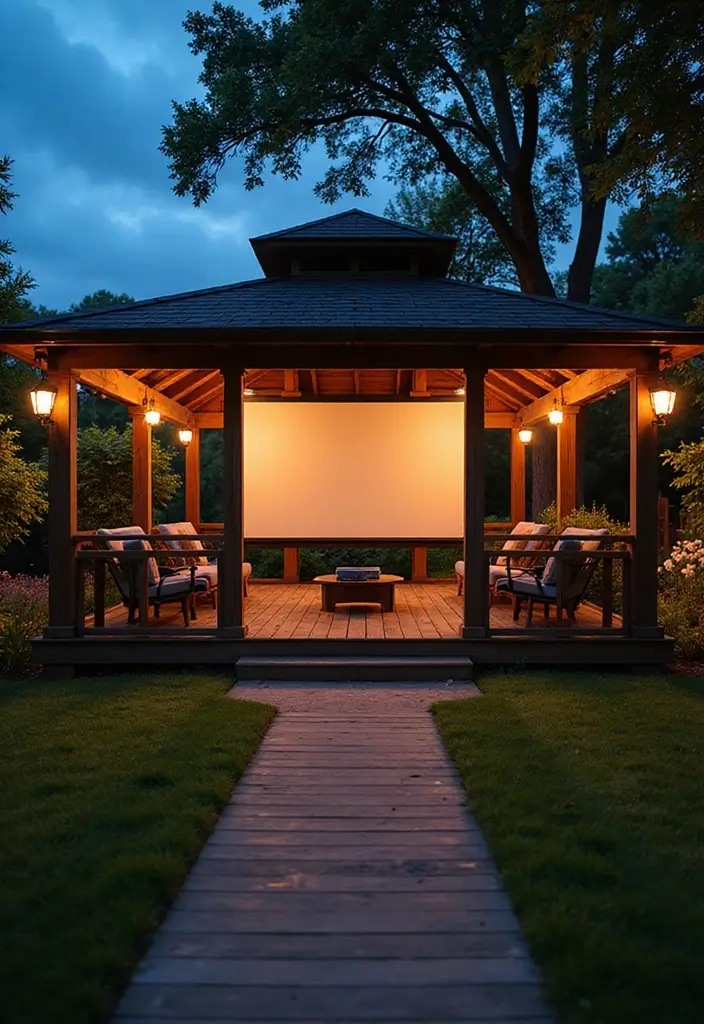 gazebo outdoor cinema movie setup