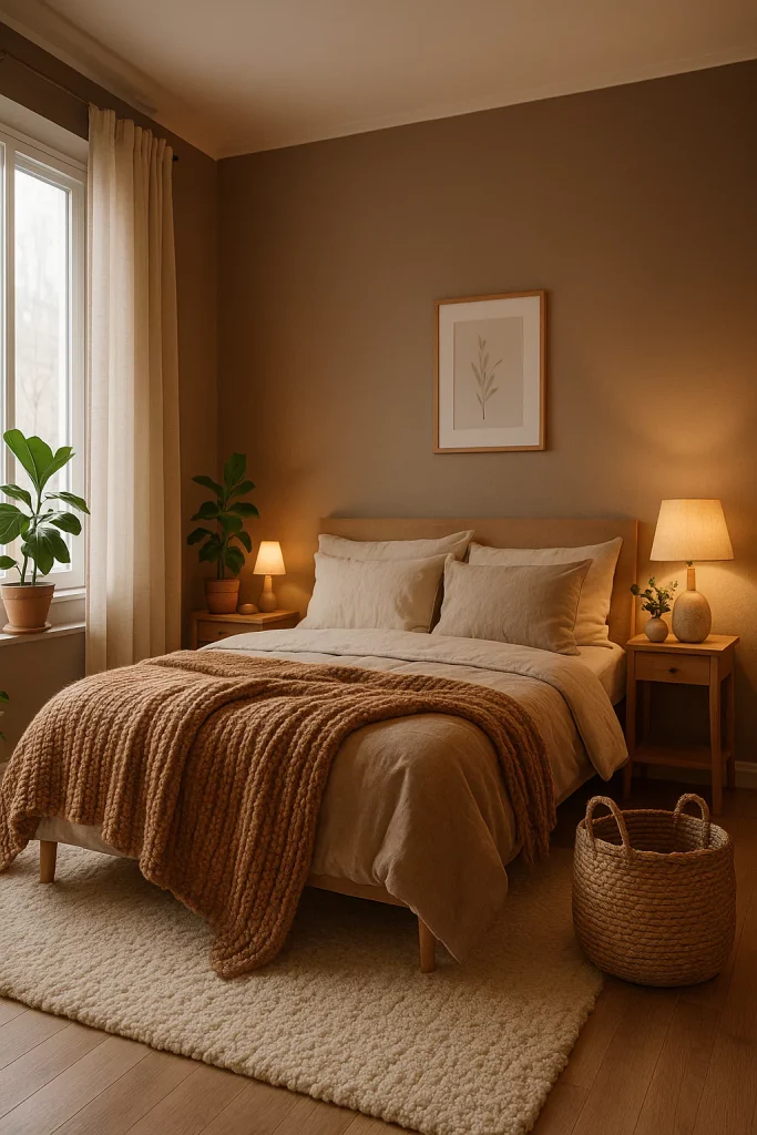A cozy bedroom with earthy taupe tones, a wool throw, linen curtains, and a DIY woven basket for storage.