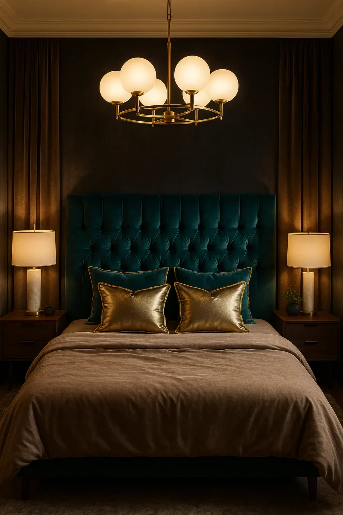 A modern luxury bedroom with a velvet headboard, affordable chandelier, and DIY metallic pillows with gold trim for a high-end look.