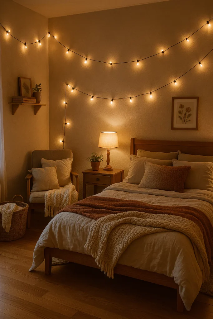 A cozy bedroom with plush throws, a DIY reading nook with a thrifted chair, and fairy lights for a warm, inviting vibe.