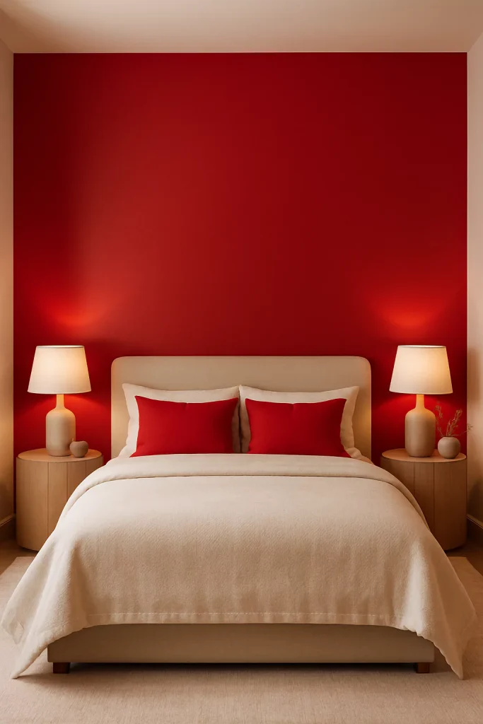 A vibrant bedroom with a cherry red accent wall, matching red pillows, and neutral beige bedding for a balanced, energetic vibe.
