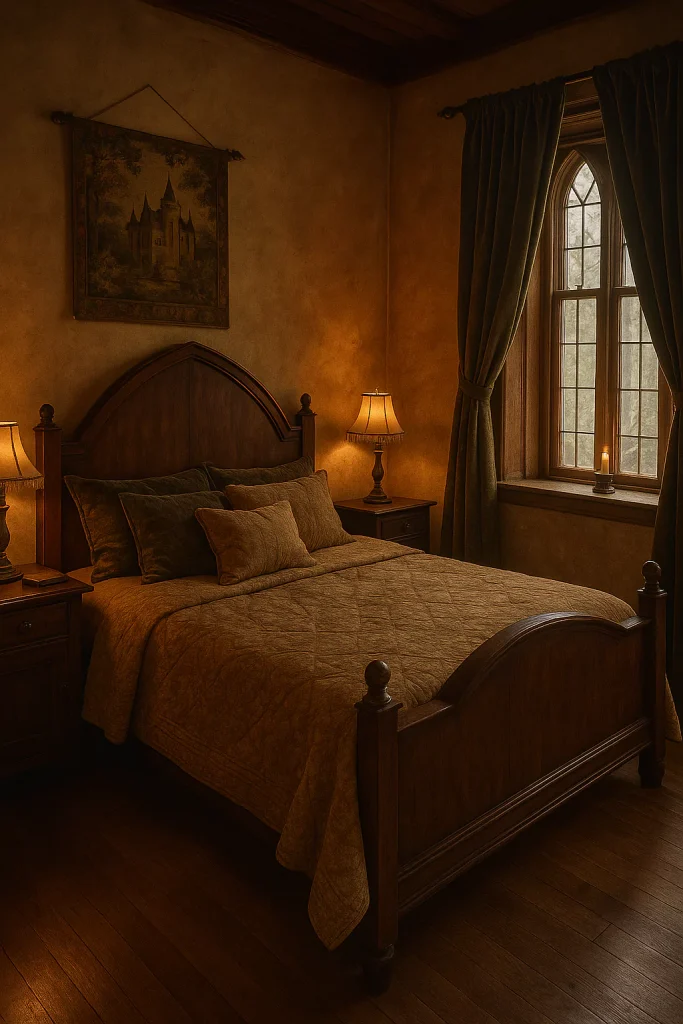 A castlecore bedroom with a dark wood arched headboard, velvet curtains, and a DIY tapestry for a fairy-tale-inspired space.