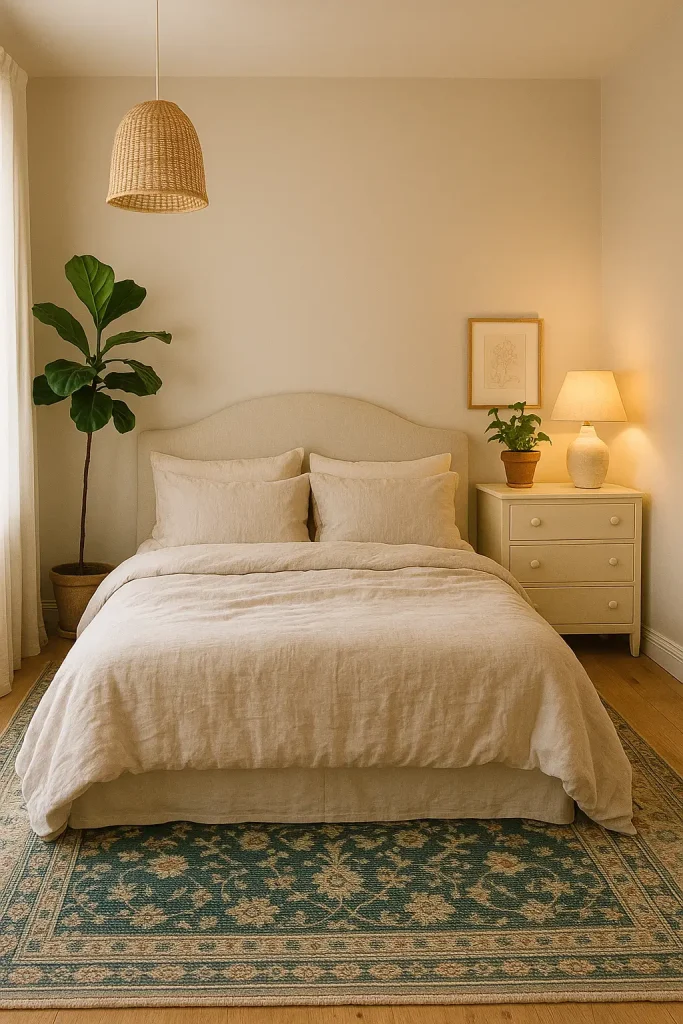 A serene cream and beige bedroom with linen bedding, a contrasting navy rug, and a DIY-painted dresser.