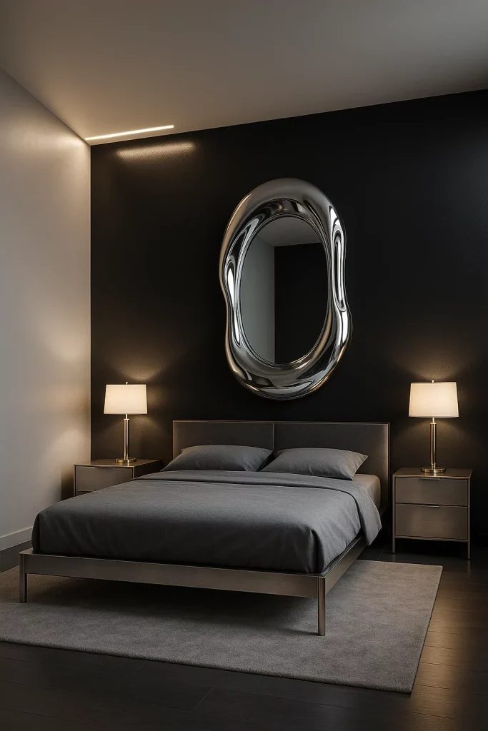 A modern bedroom with a metallic mirror, glossy accent wall, and minimalist furniture, highlighting futuristic chrome and brass details.