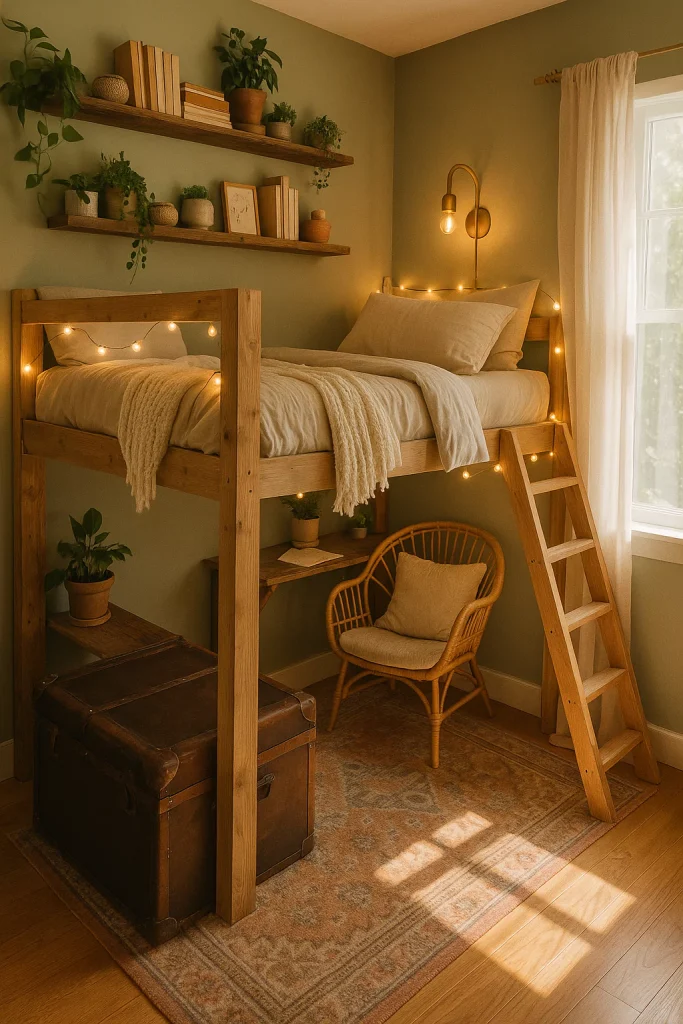 Lofted bed with floating shelves, vintage ottoman, and soft lighting in a cozy small bedroom.