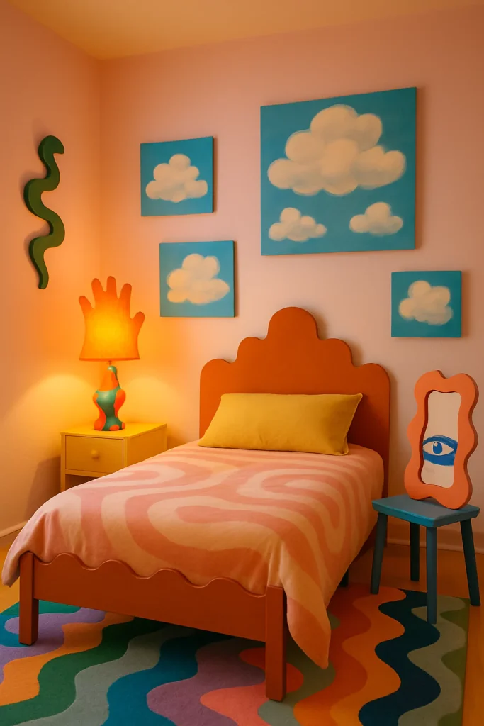 A surrealist bedroom with cloud-shaped art, a bold thrifted lamp, and minimal furniture, showcasing quirky decor.