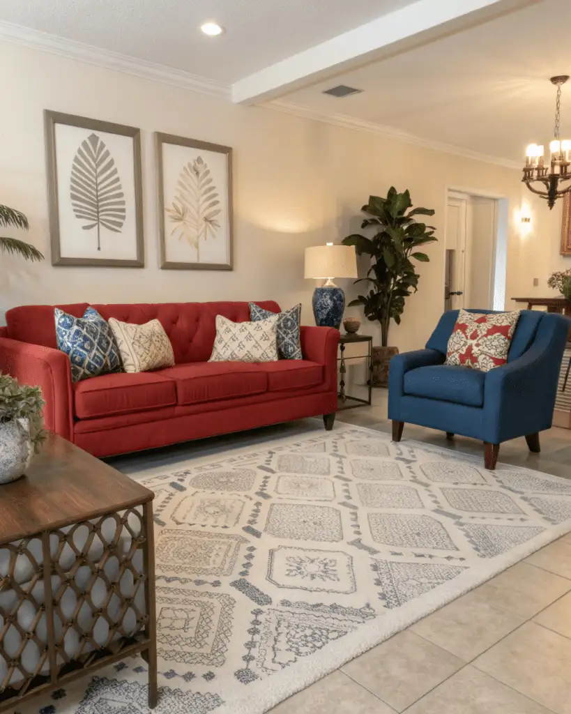 neutral rug with bold furniture