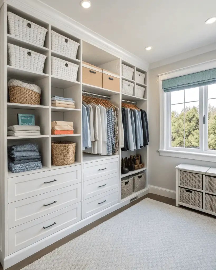 neutral storage bins on shelves