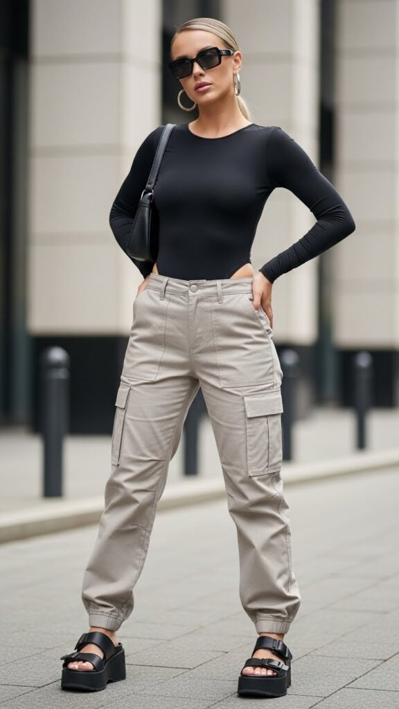 Cargo pants, bodysuit, and platform sandals