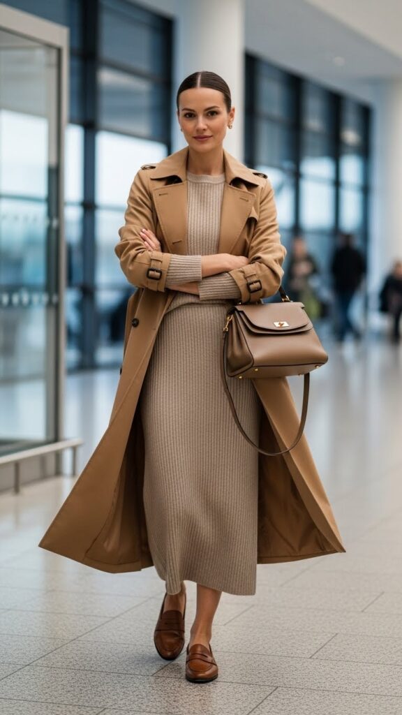 Knit set with trench coat and loafers