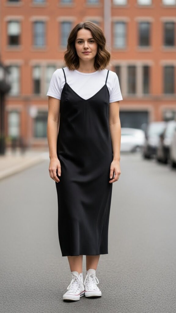 Slip dress layered over tee with Converse sneakers