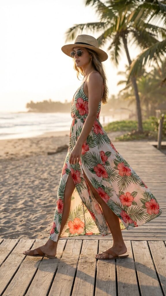 Flowy tropical print maxi dress