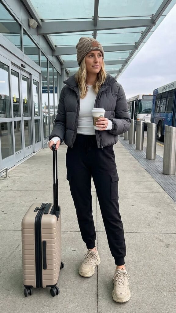 Joggers and Cropped Puffer Jacket