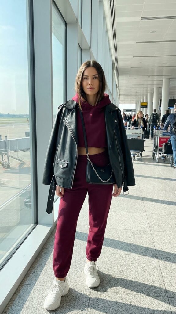 Matching Sweat Set with Leather Jacket