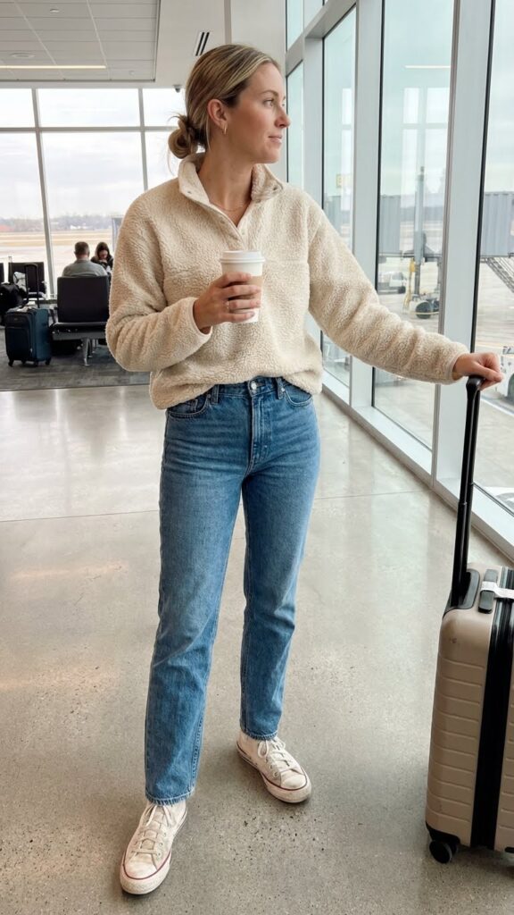 Fleece Pullover with High-Waisted Jeans