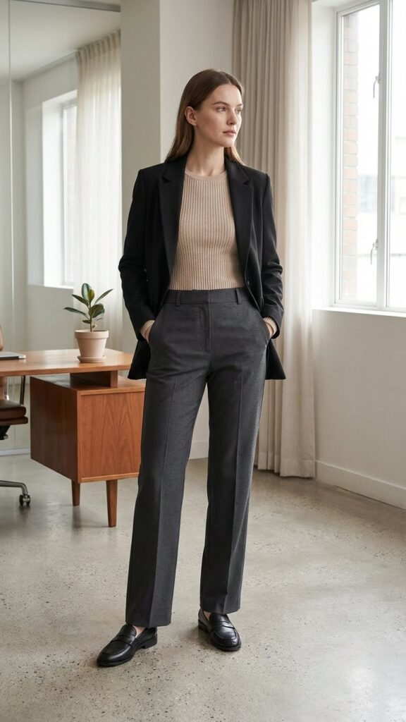 Black blazer with knit top and straight leg trousers
