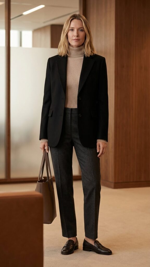 Black blazer with neutral turtleneck