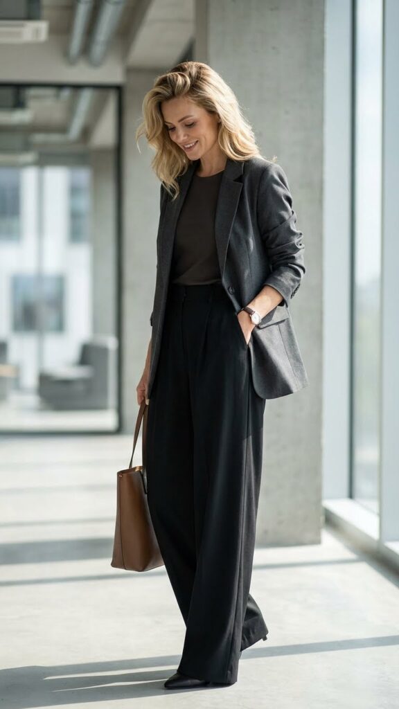 Relaxed black blazer with wide leg pants