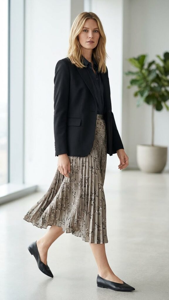Black blazer with midi skirt