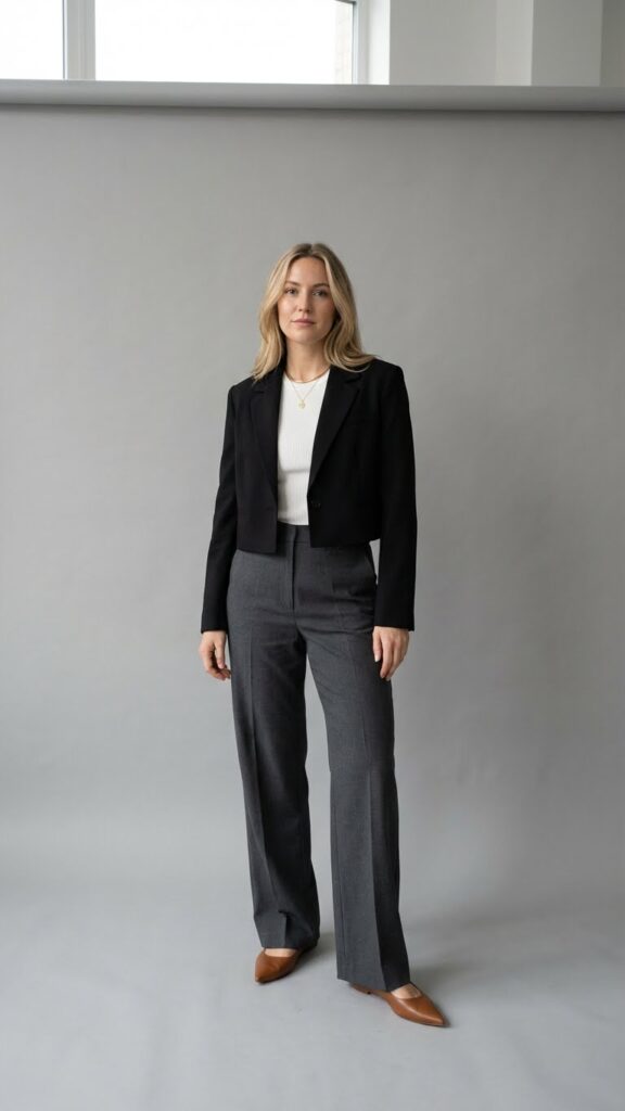 Cropped black blazer with high waist pants