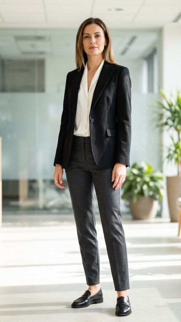 Black blazer with loafers and tailored pants