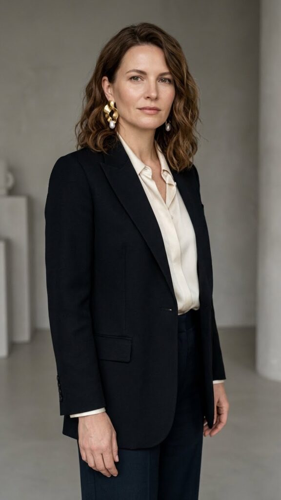 Black blazer with flowy blouse and statement earrings