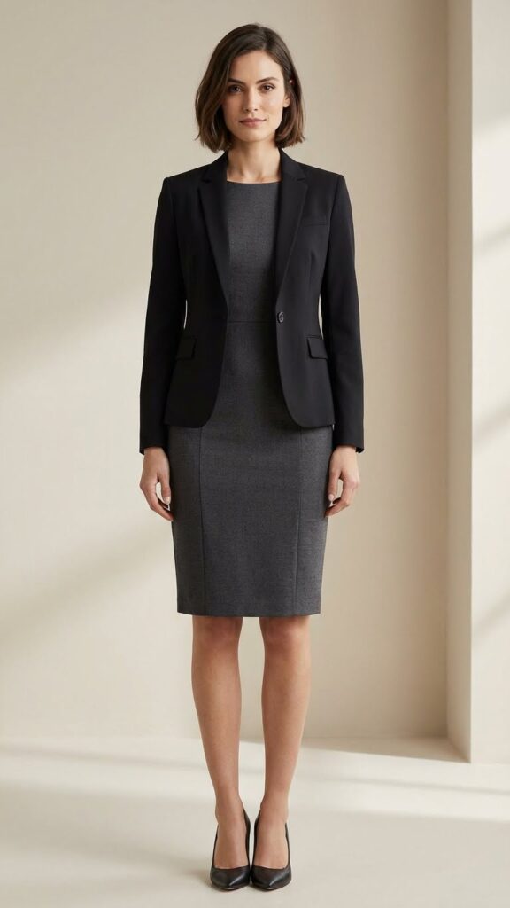 Black blazer over simple office dress
