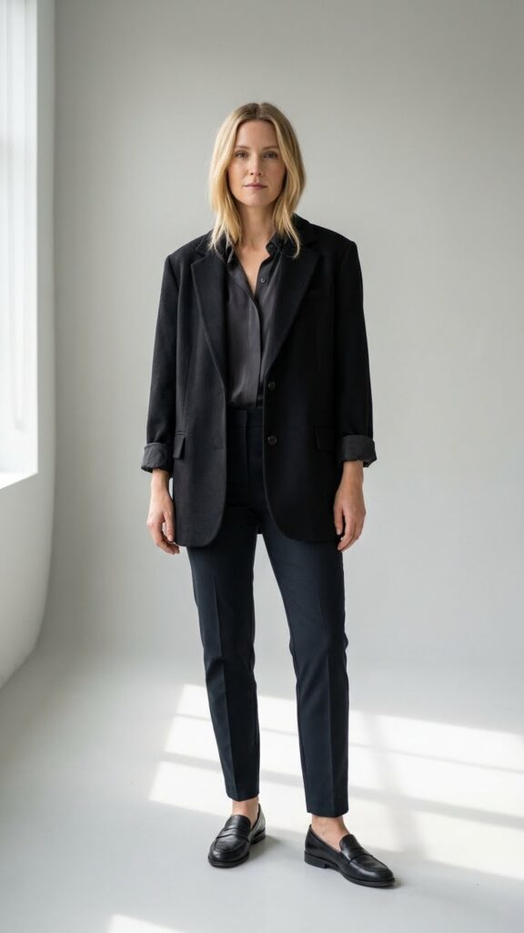 Oversized black blazer with slim pants