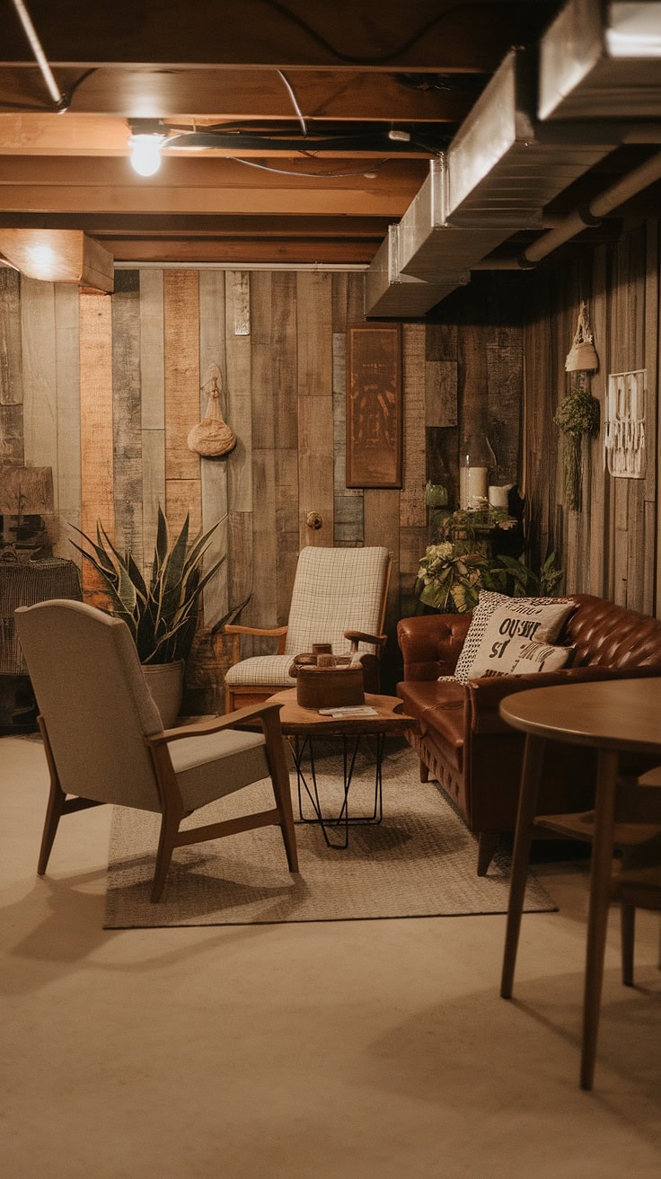 Basement with rustic wooden paneling and lush greenery