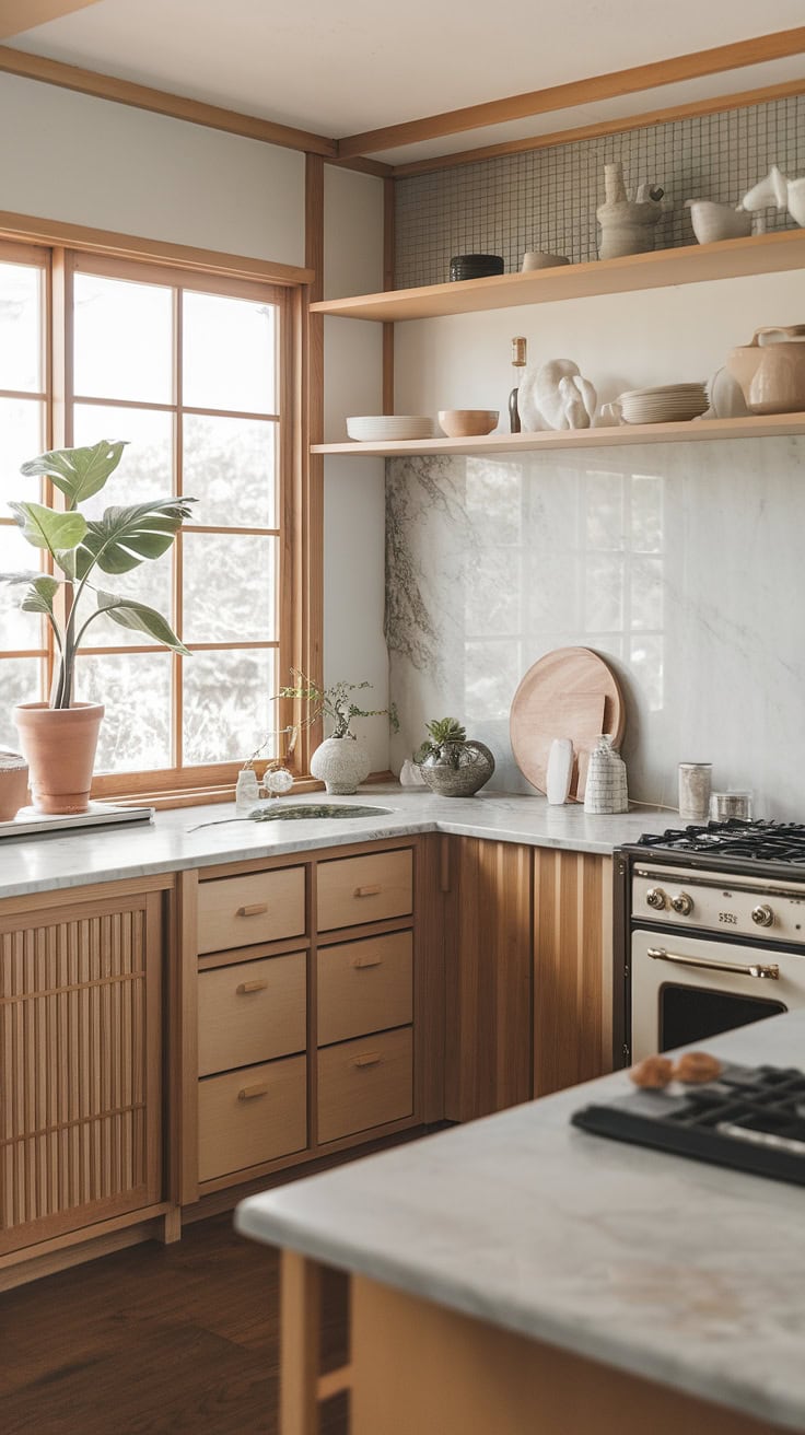 Japandi kitchen with warm wood and marble surfaces