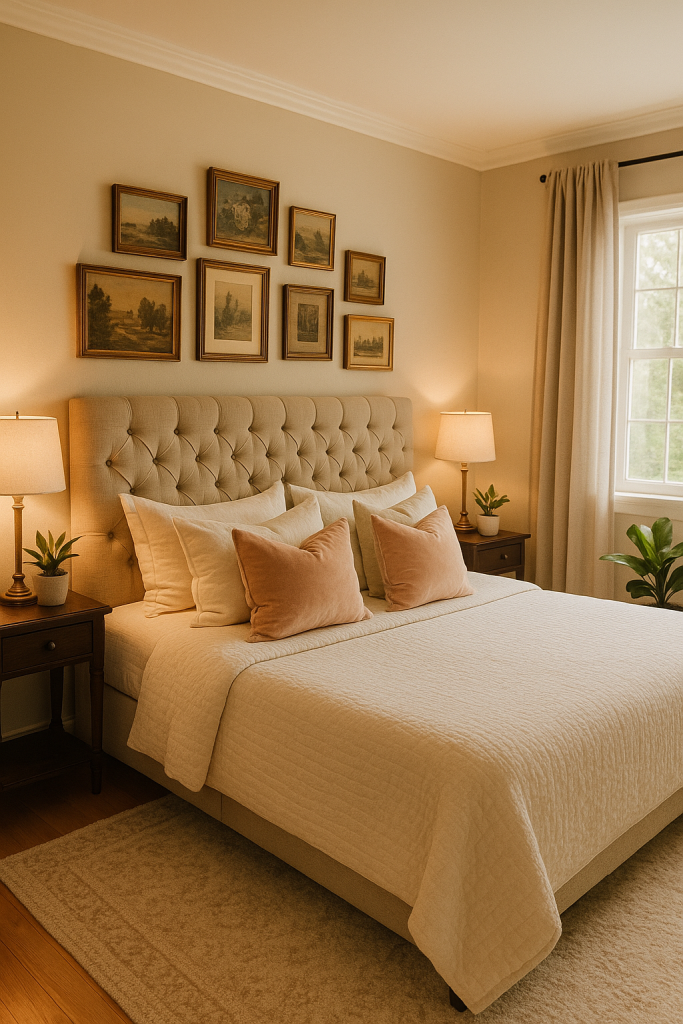 A cozy bedroom with a tufted headboard, velvet pillows, and a DIY gallery wall in neutral tones.