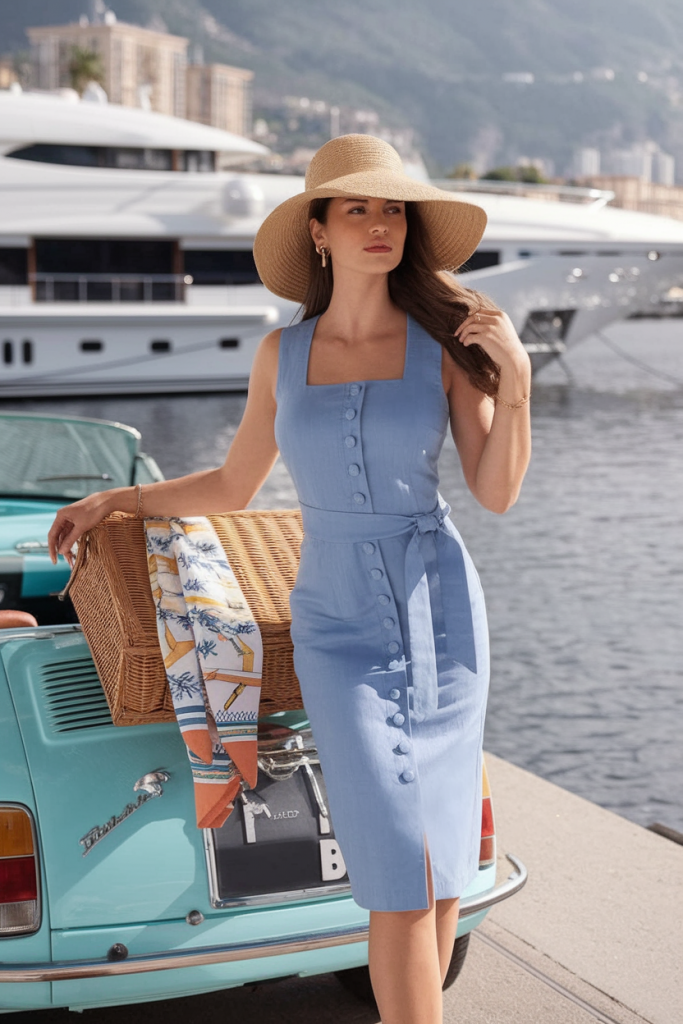 Sky blue button-down dress by the harbor