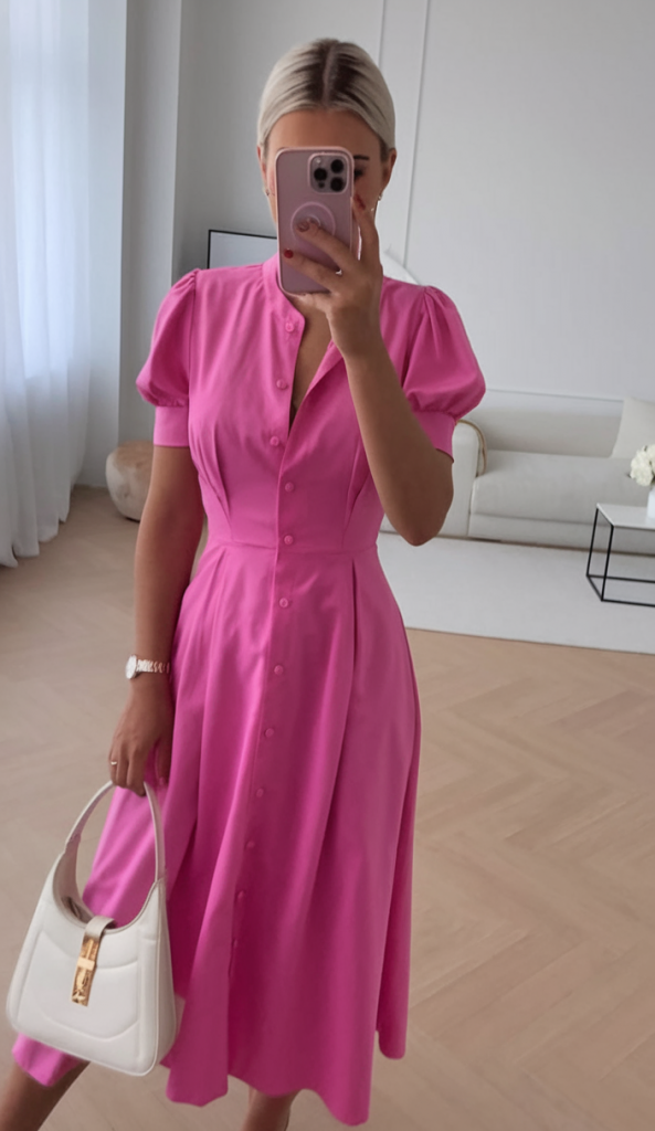 Hot pink midi dress with pearl buttons