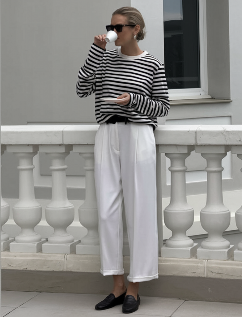Classic striped top with white trousers