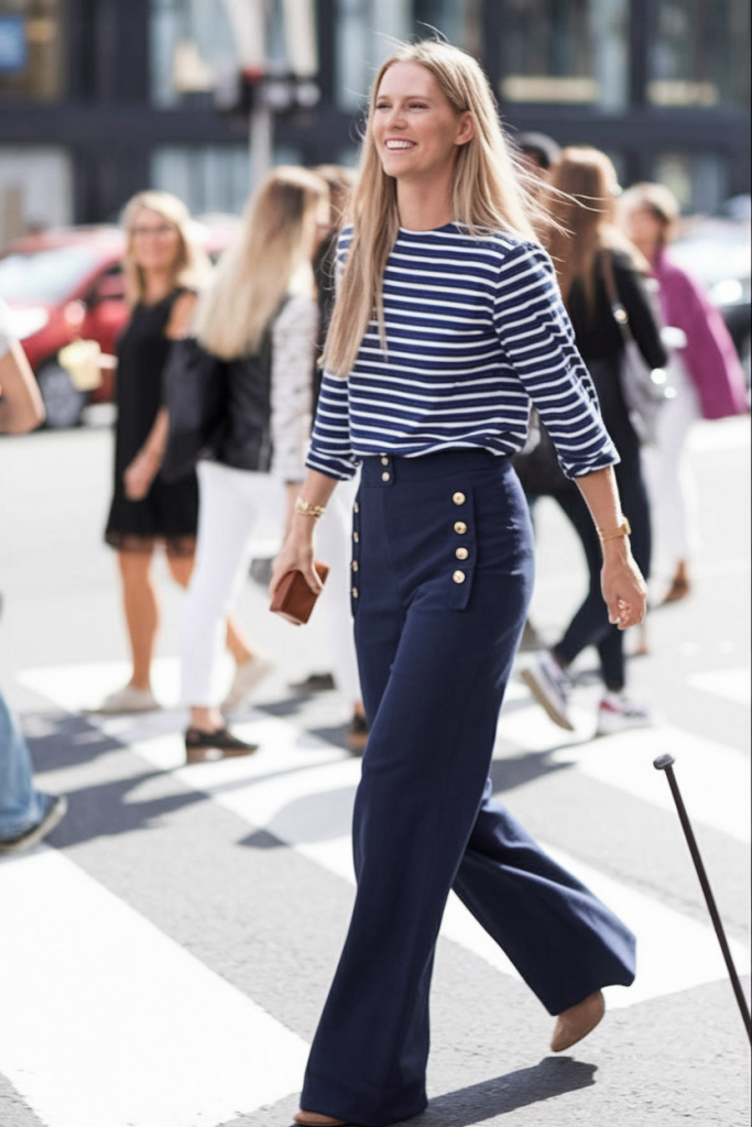 Navy and white striped blouse with navy trousers