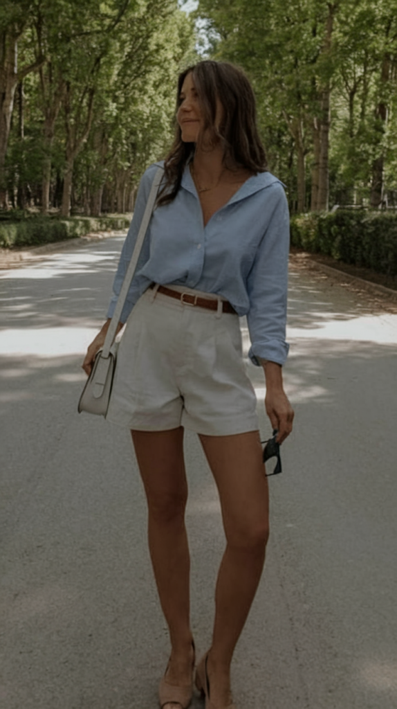 Preppy blue shirt with white tailored shorts